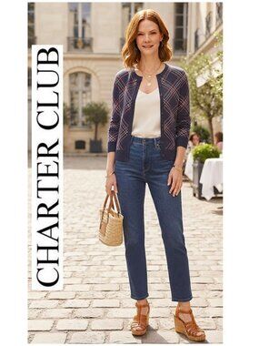 (3 for $30) CHARTER CLUB - Navy blue/white/pink plaid cotton blend cardigan